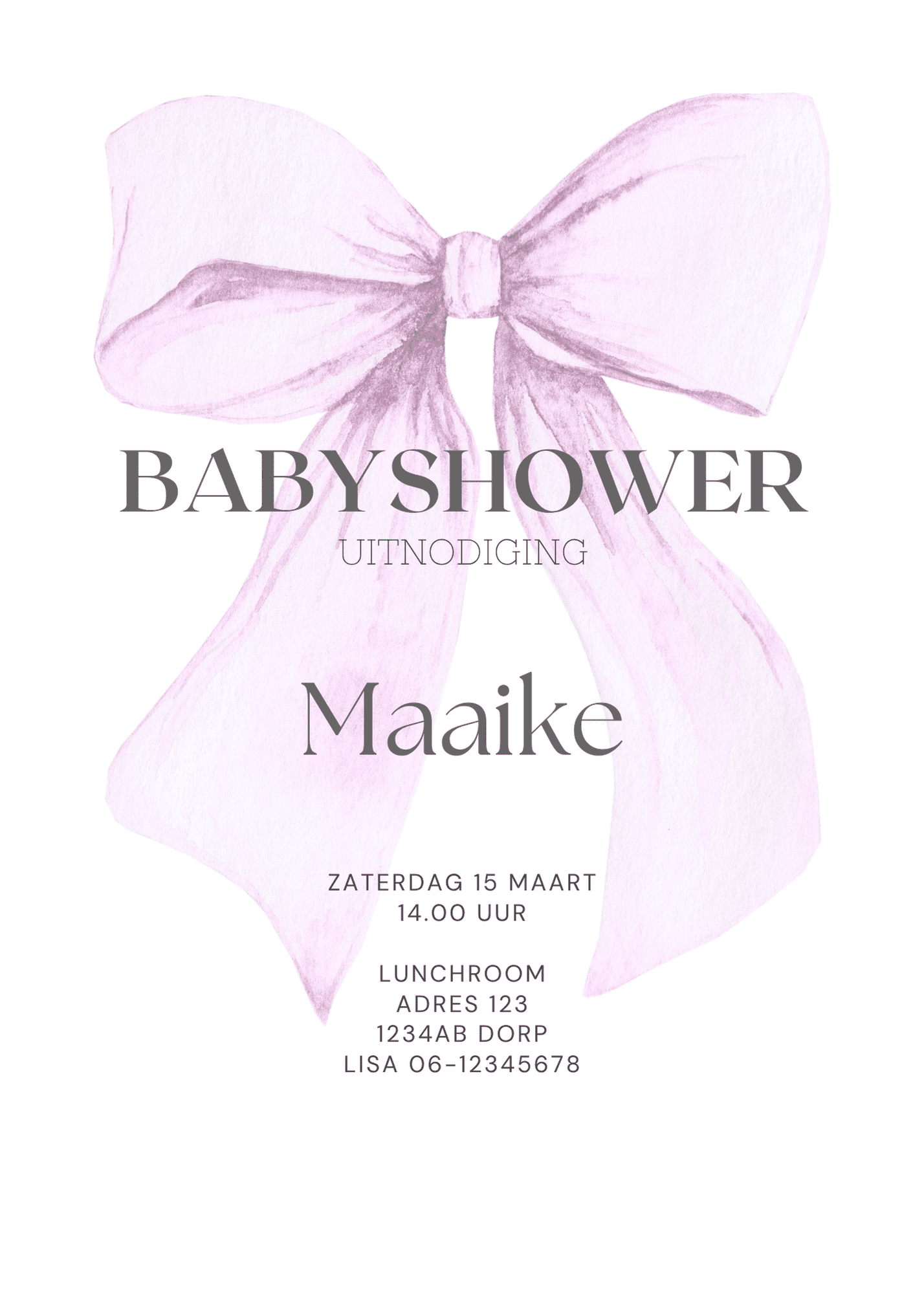 Baby Aanpasbare Uitnodiging - Strik Roze - Afbeelding 2