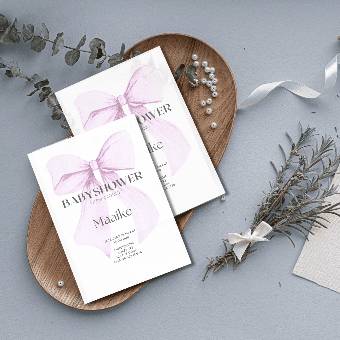 Baby Aanpasbare Uitnodiging - Strik Roze - Afbeelding 3
